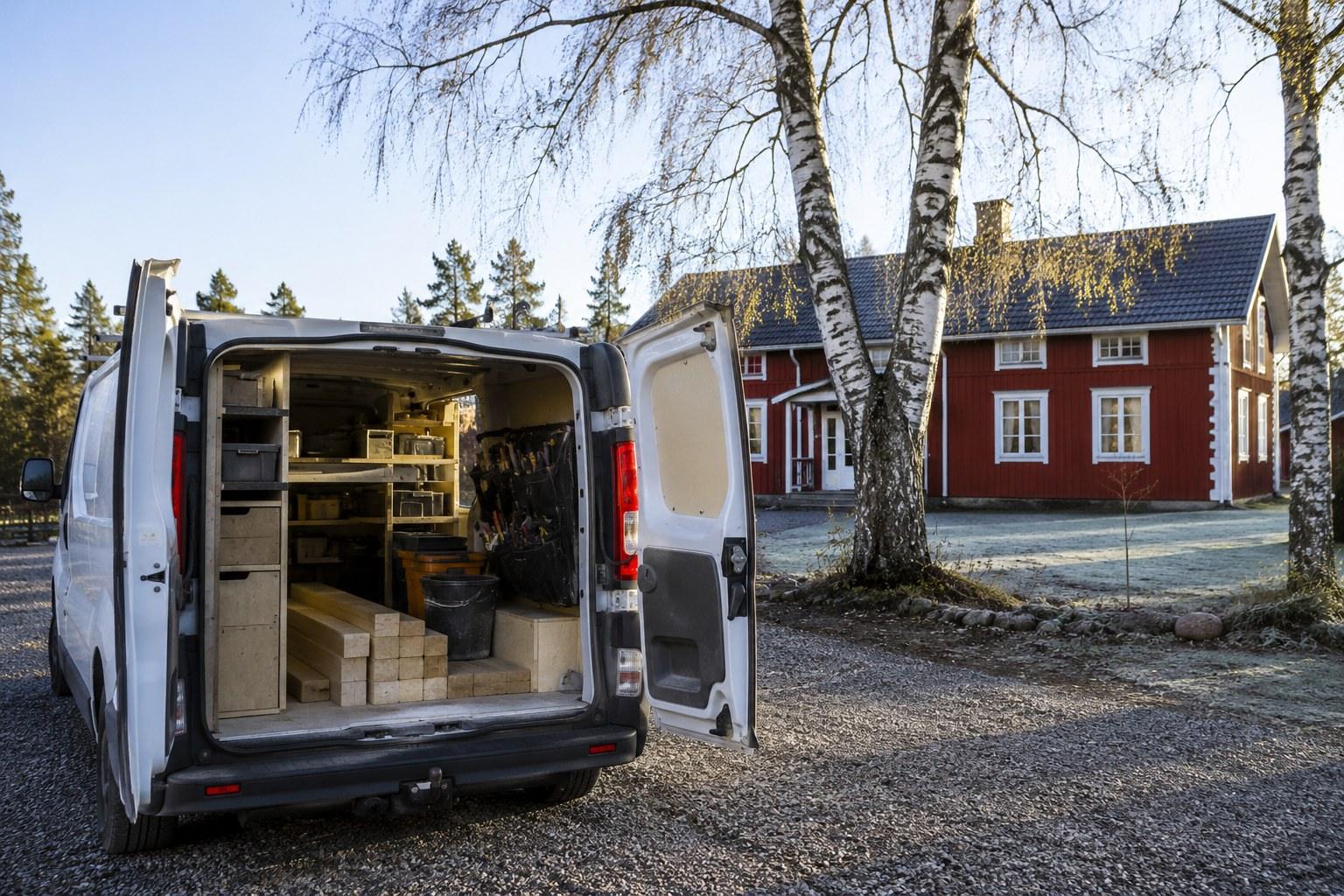 Bilen med öppna dörrar och verktyg på en gårdsplan framför ett rött hus