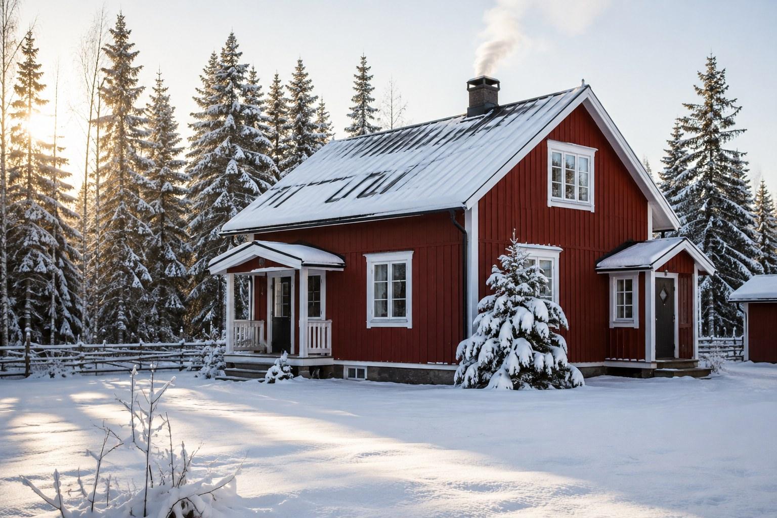 Red house with white corners in snow, smoke from the chimney
