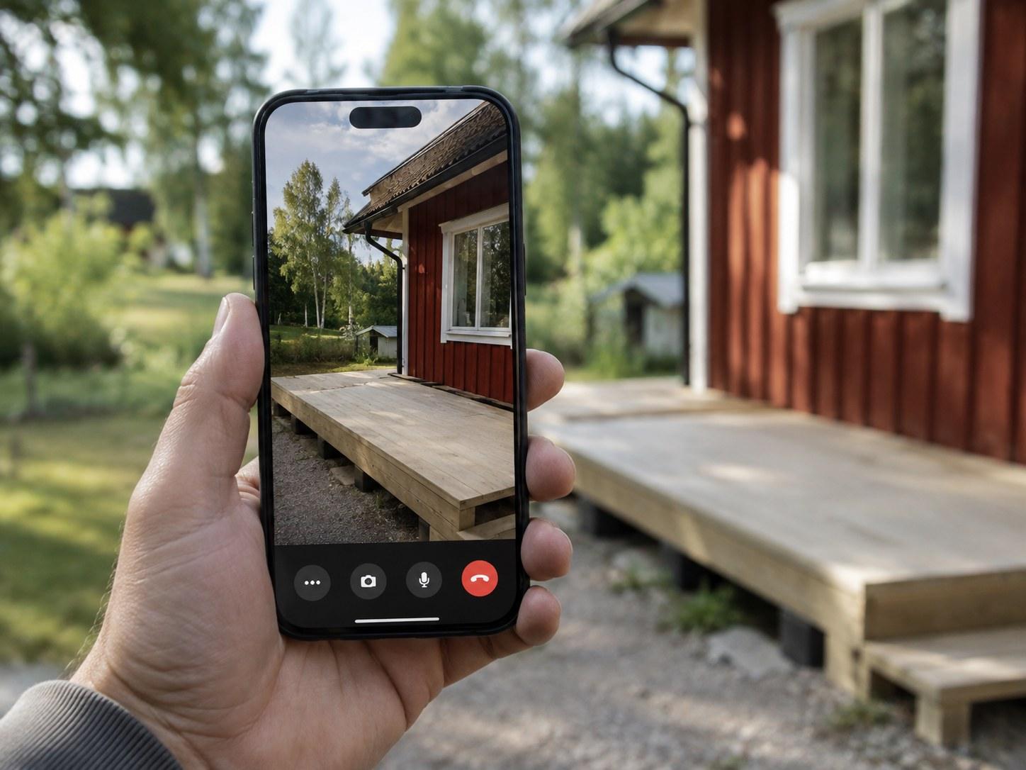Video call on the phone in front of a red house with a new deck